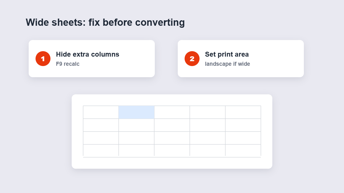 Two preparation steps for wide spreadsheets before PDF conversion