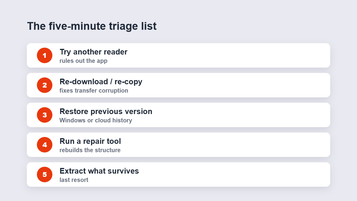 Five-step triage list for fixing a corrupted PDF